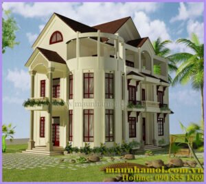 Phối cảnh nhà biệt thự 3 tầng kích thước 15x17m view 1