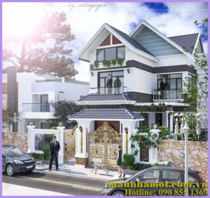 Phối cảnh nhà biệt thự 3 tầng kích thước 8x15m view 2
