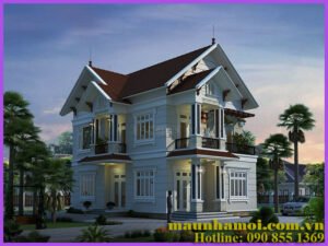 Phối cảnh nhà biệt thự 2 tầng mái nghiêng view 1